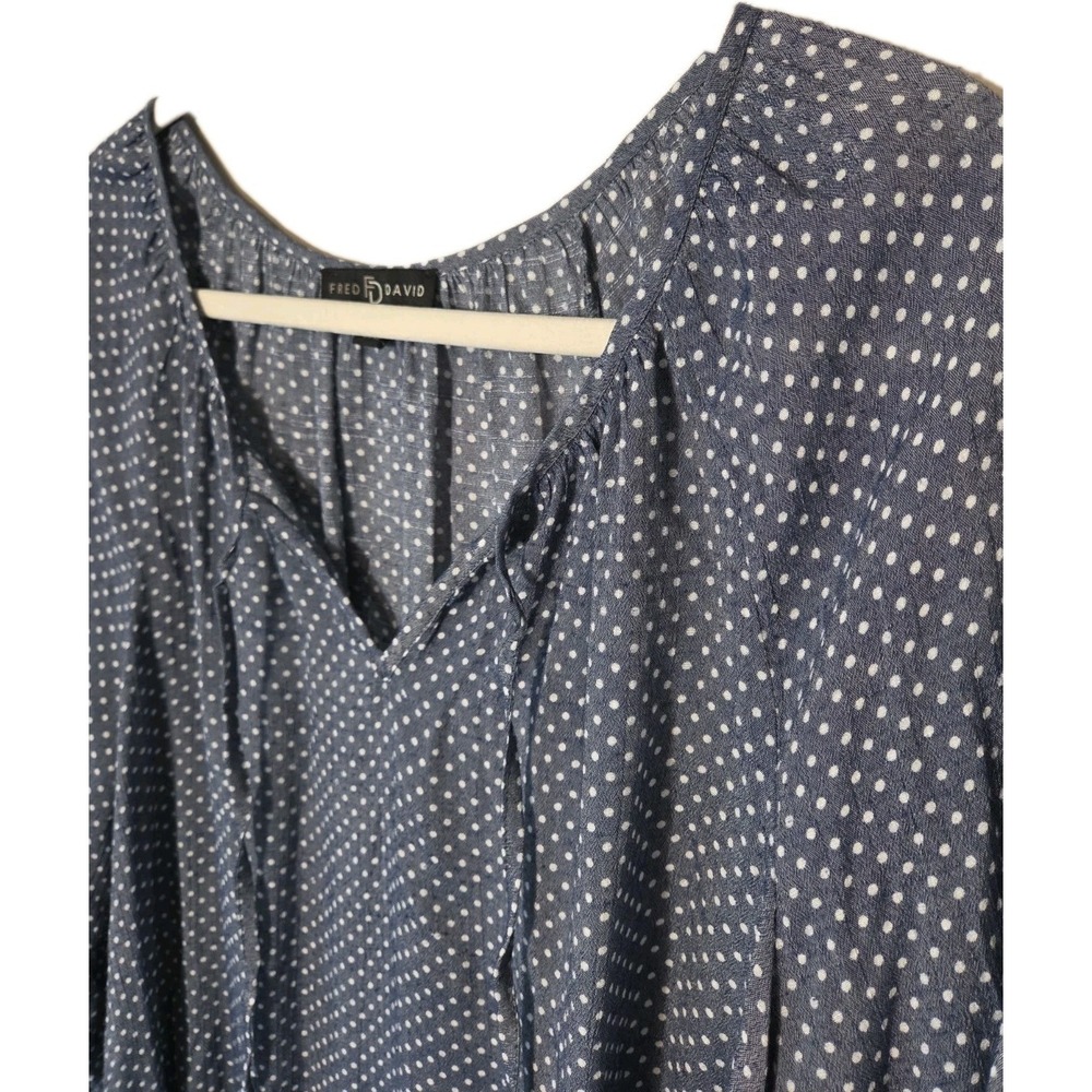 Women's Peasant Top Blue Dot Blouse Shirt Tie Fred David Boho Large - Picture 8 of 11